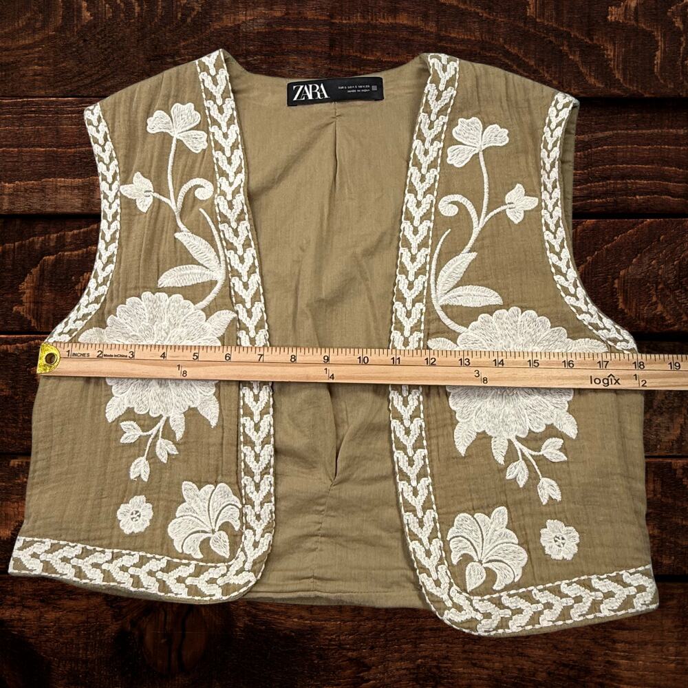 Zara Embroidered Floral Cotton Open Front Vest Boho Khaki White Small - Picture 7 of 9